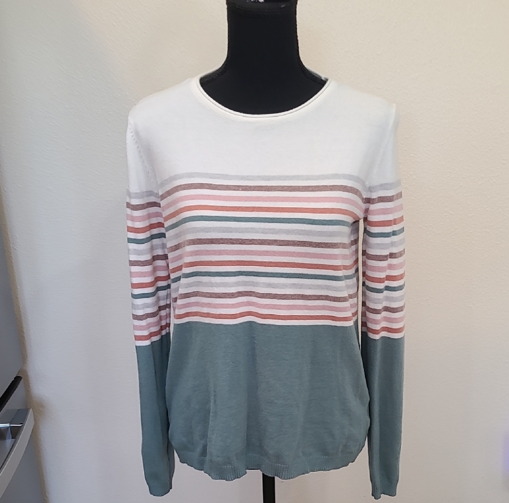 Like New - Staccato Womens Crewneck Sweater in White and Pastel Stripes